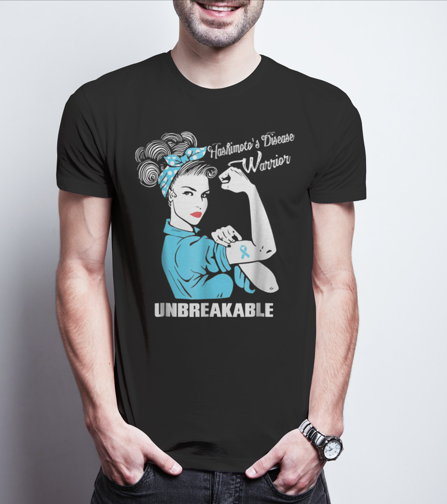 Hashimoto's Disease Warrior Unbreakable Rosie Riveter Style Blue Awareness T-Shirt