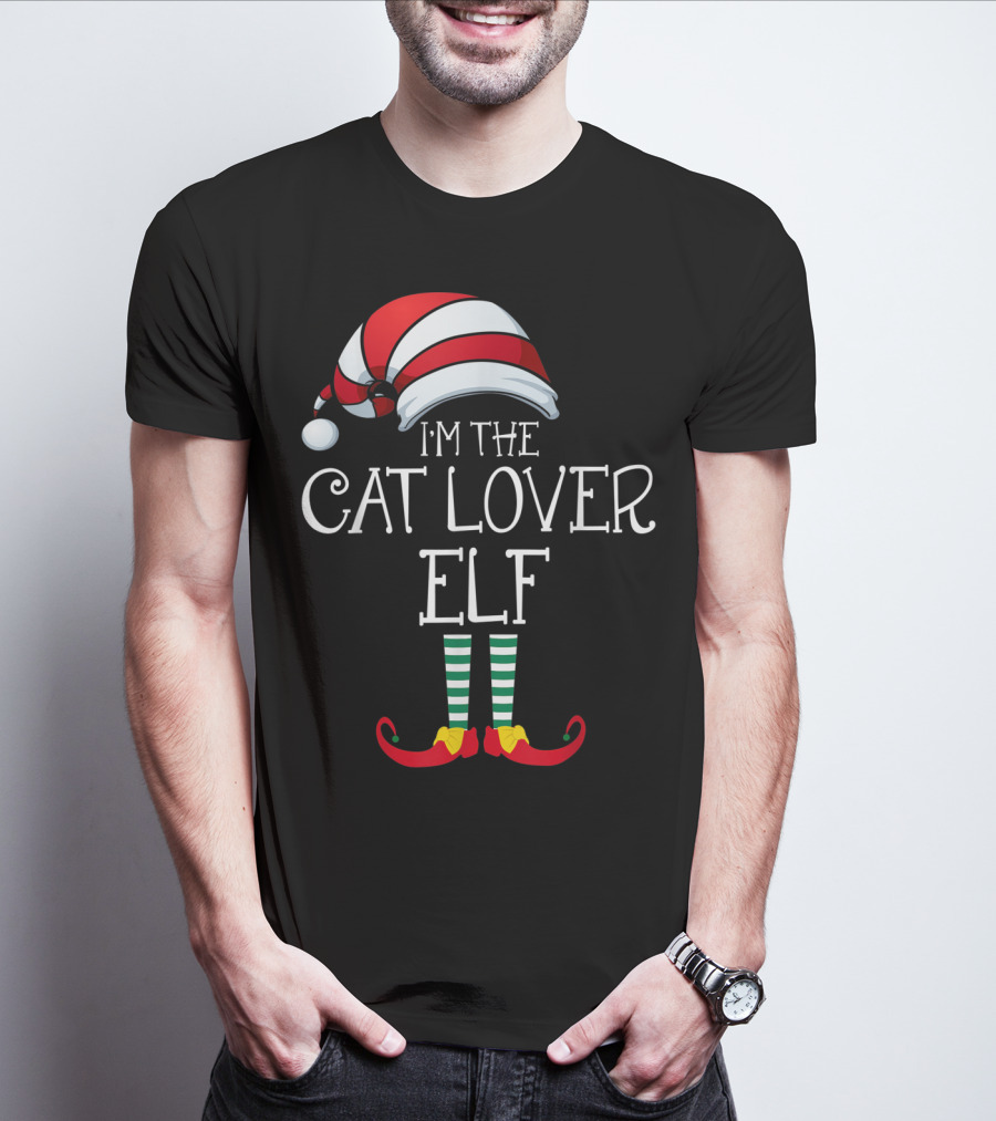 I'm The Cat Lover Elf Family Christmas Hat And Striped Socks T-Shirt