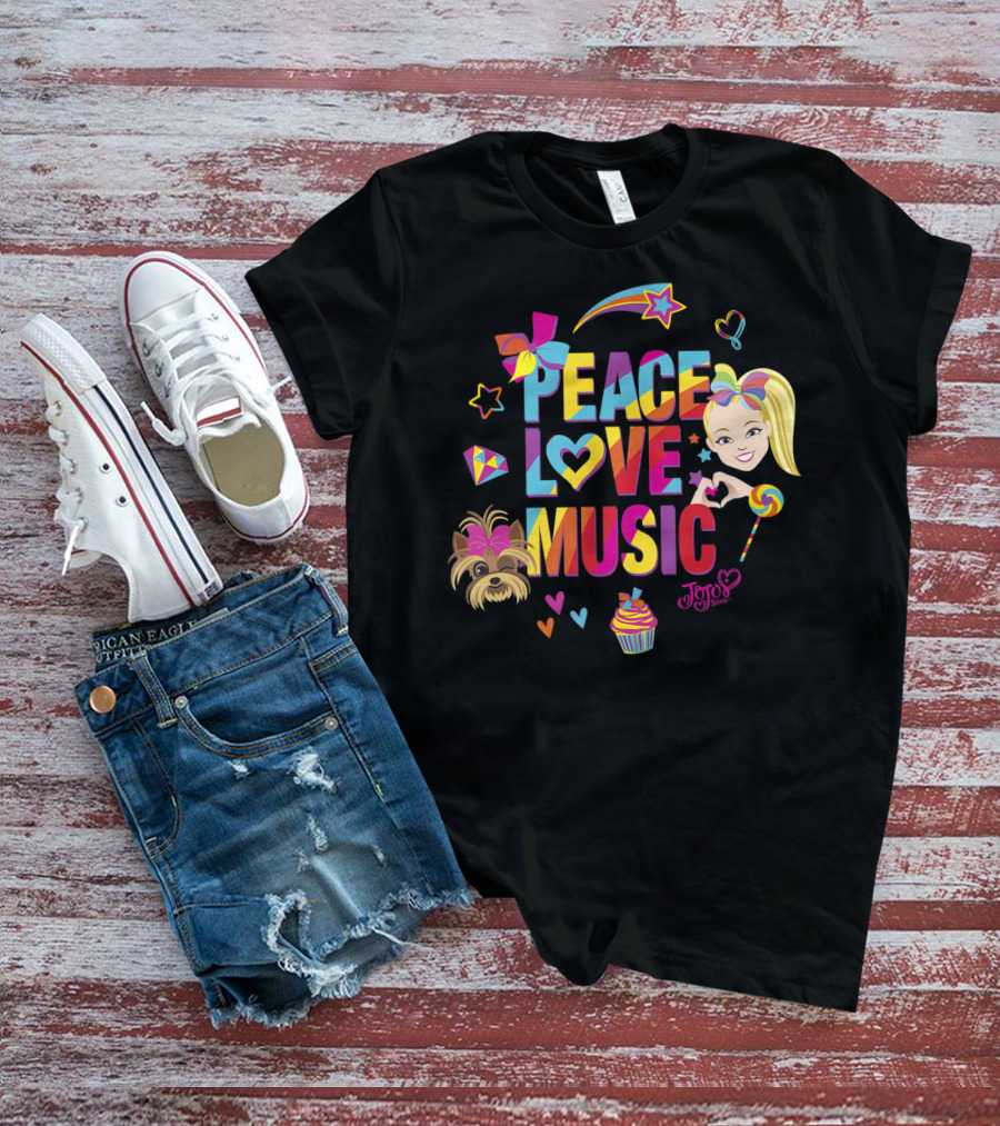 Jojo Siwa Peace Love Music Rainbow With Bow Stars Hearts Cupcake Puppy T-Shirt