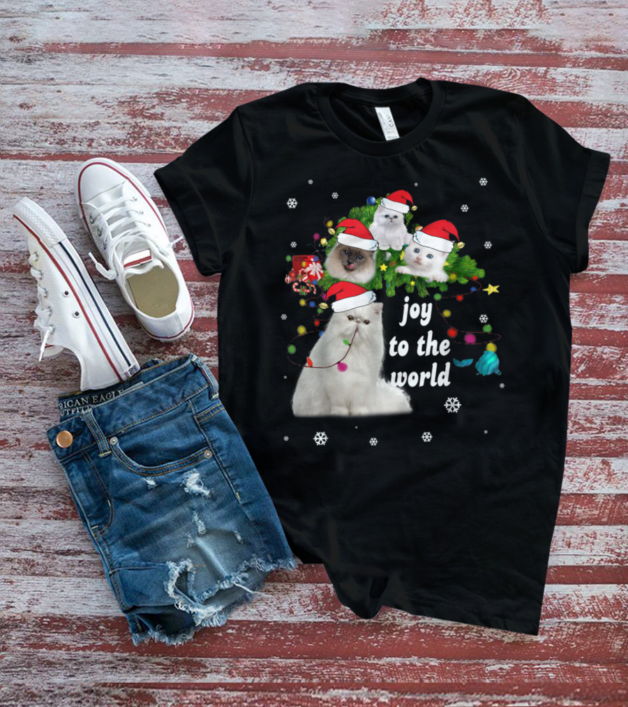 Joy To The World Christmas Cats With Santa Hats And Snowflakes T-Shirt