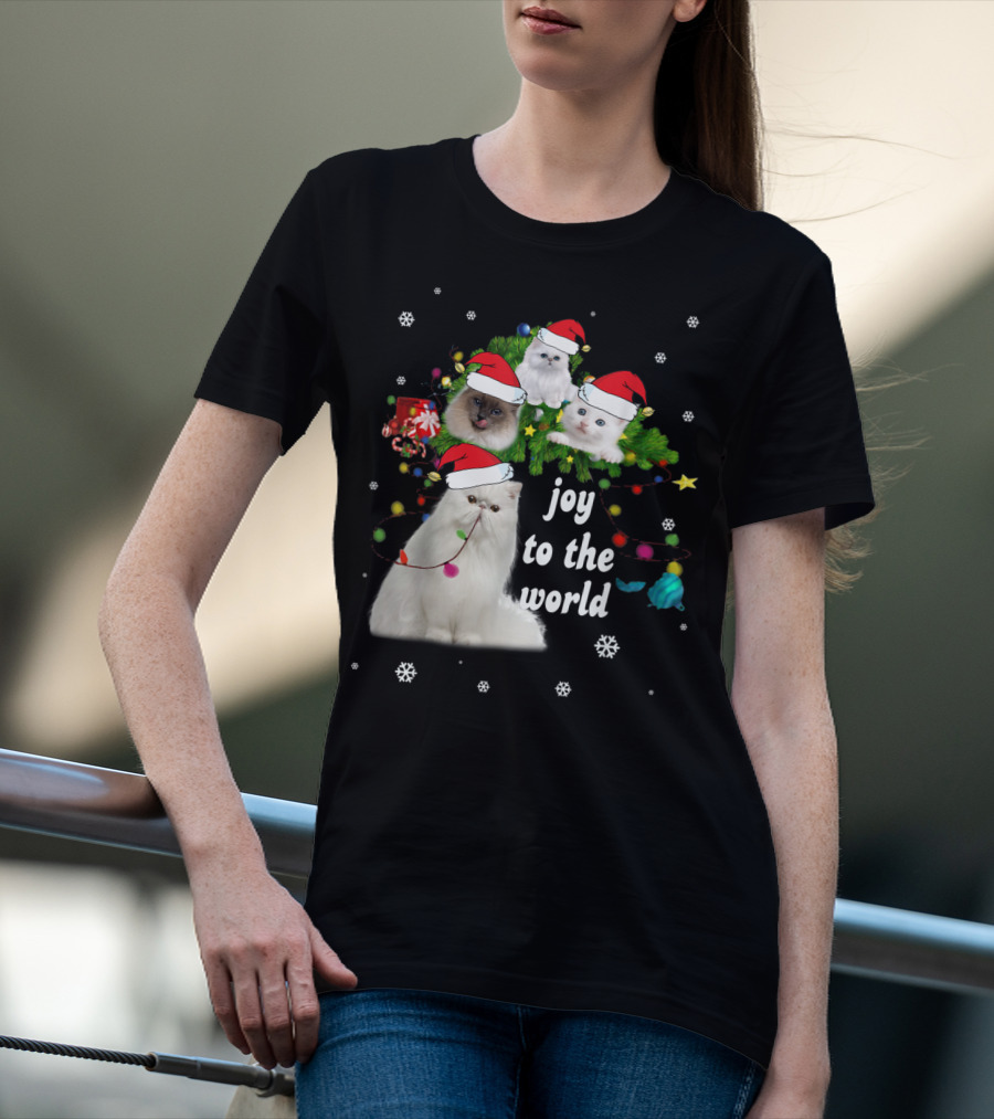 Joy To The World Christmas Cats With Santa Hats And Snowflakes T-Shirt