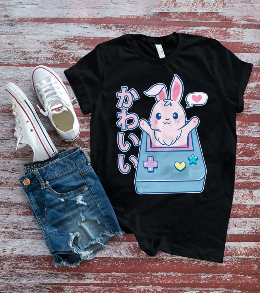 Kawaii Gamer Bunny Rabbit In Pastel Colors With Japanese Text And Game Console T-Shirt