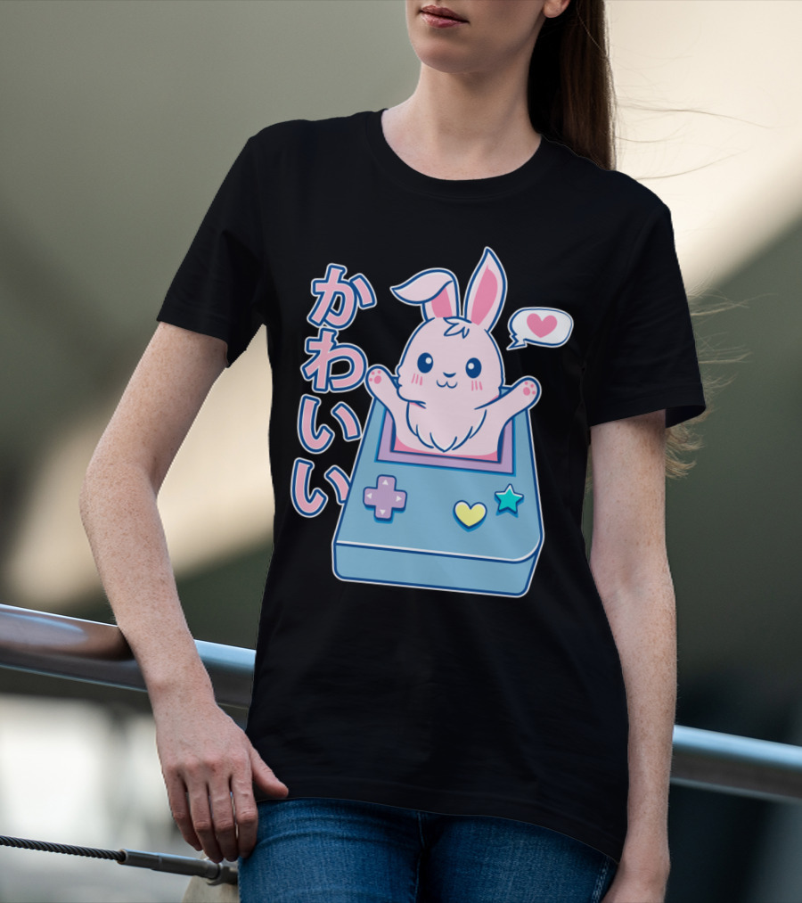Kawaii Gamer Bunny Rabbit In Pastel Colors With Japanese Text And Game Console T-Shirt