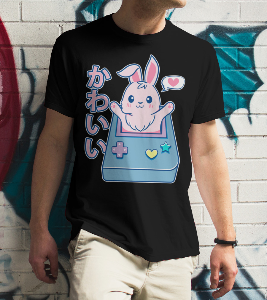 Kawaii Gamer Bunny Rabbit In Pastel Colors With Japanese Text And Game Console T-Shirt