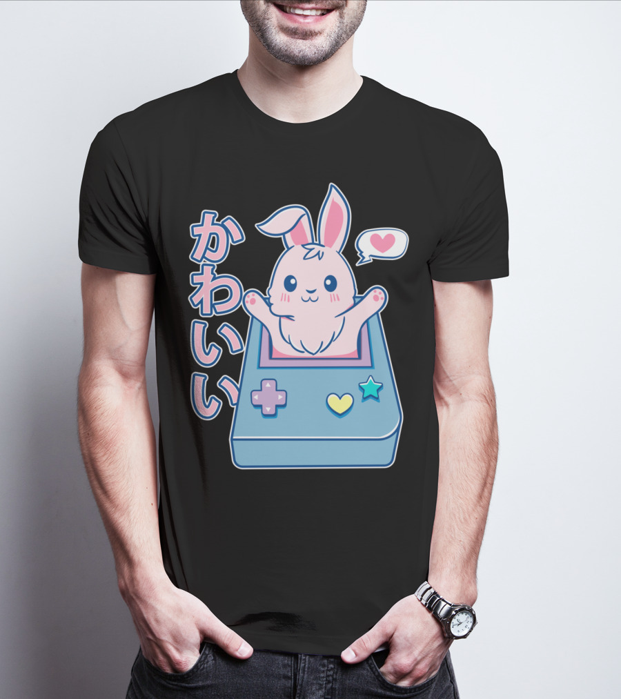 Kawaii Gamer Bunny Rabbit In Pastel Colors With Japanese Text And Game Console T-Shirt