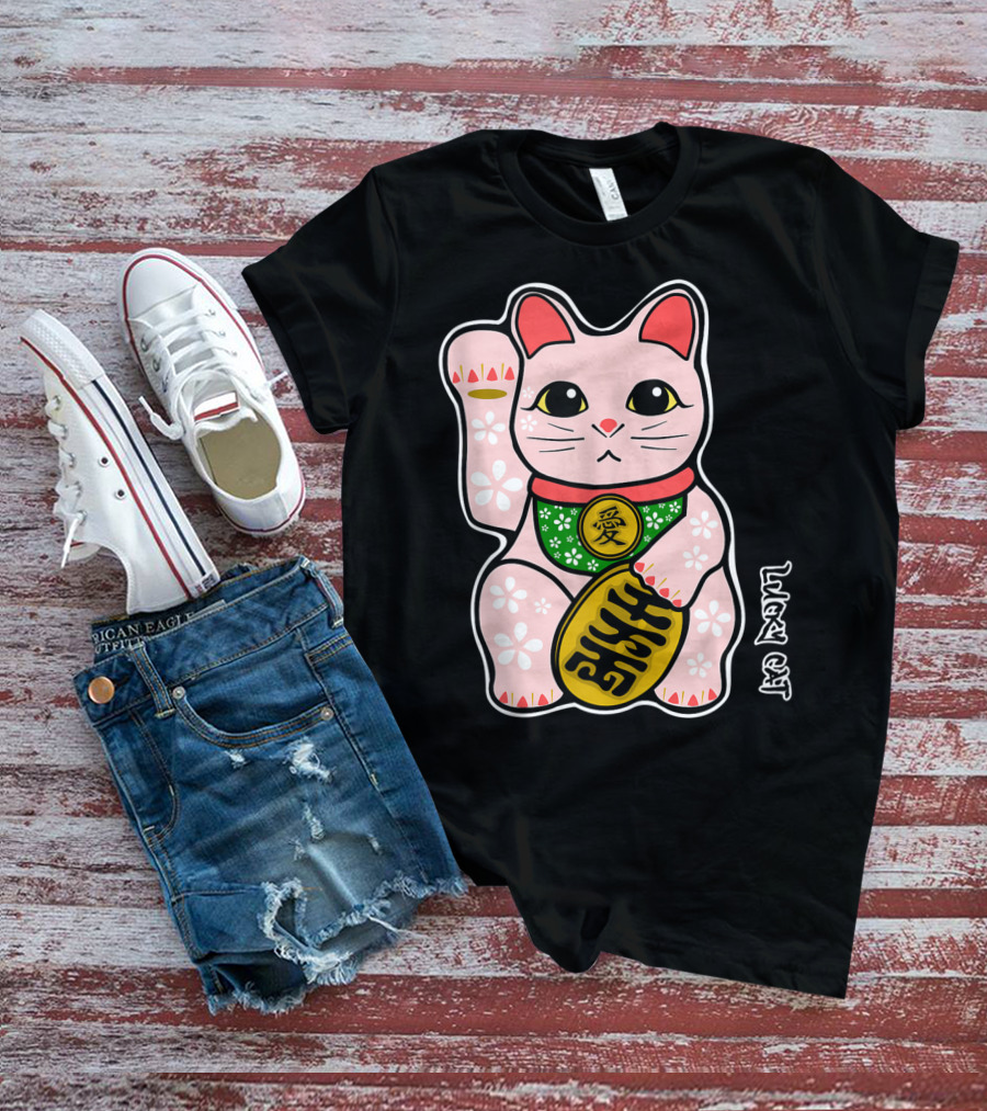 Lucky Cat Manekineko Japanese Love Prosperity Symbol Icon Floral T-Shirt