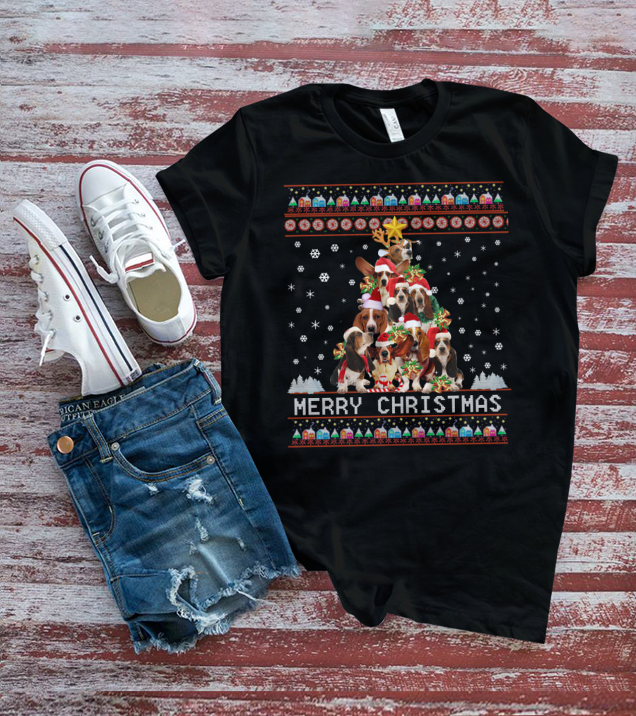 Merry Christmas Basset Hound Dogs In Festive Holiday Winter Wonderland With Snowflakes And Decorations T-Shirt