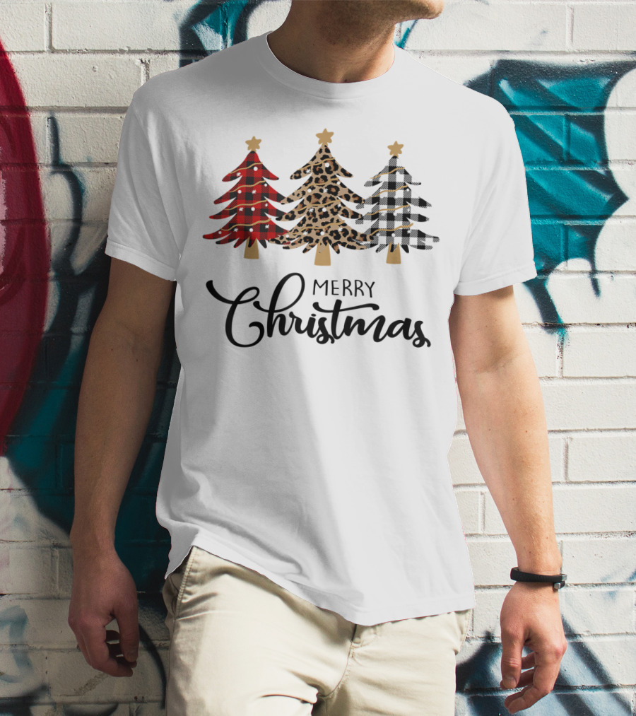 Merry Christmas Plaid Leopard Trees T-Shirt