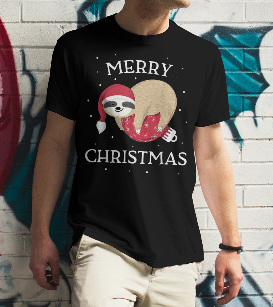 Merry Christmas Sloth Santa Hat Snowflakes T-Shirt