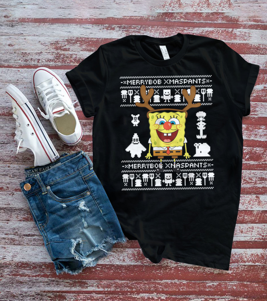 Merrybob Xmaspants Ugly Xmas SpongeBob Reindeer Pixel T-Shirt