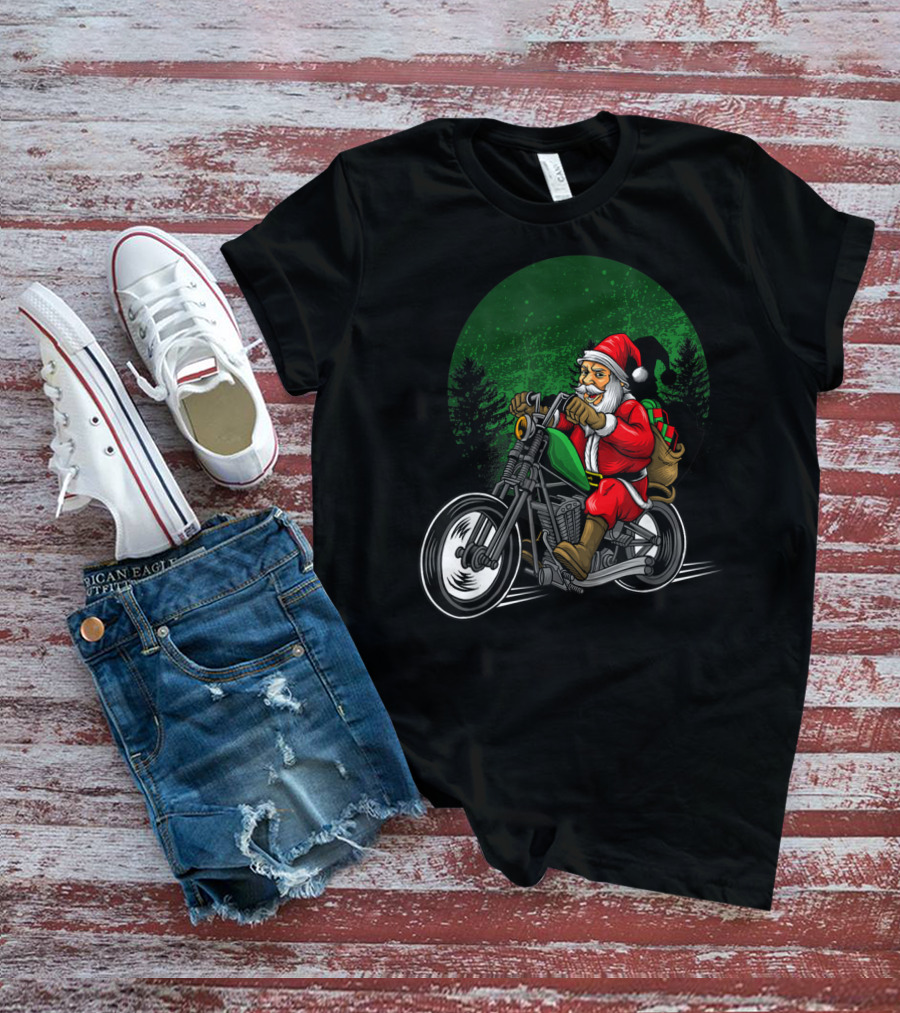 Motorcycle Santa Riding Through Festive Forest T-Shirt