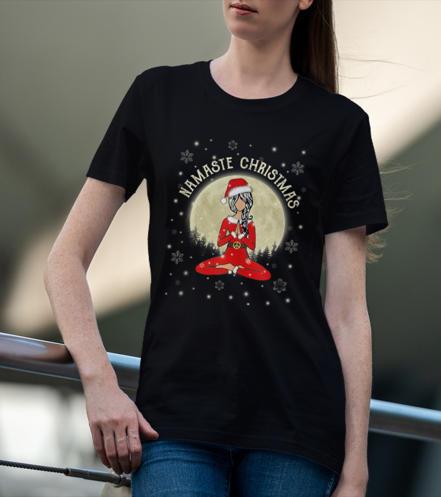 Namaste Christmas Peaceful Santa Yoga Moonlight Snowflakes Women's Meditation T-Shirt