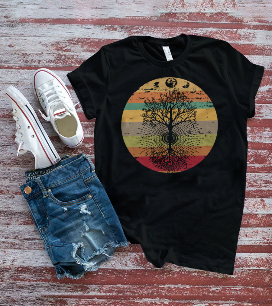 Phases Of The Moon Retro Tree With 60s 70s Vibe Rainbow Stripes T-Shirt