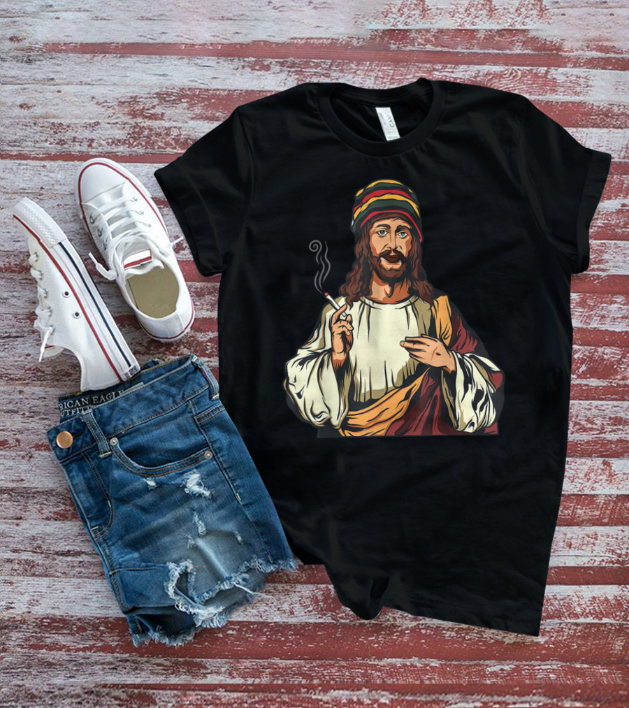 Pot Smoking Jesus Christ Cannabis Weed Rasta Hat Smoking Joint T-Shirt