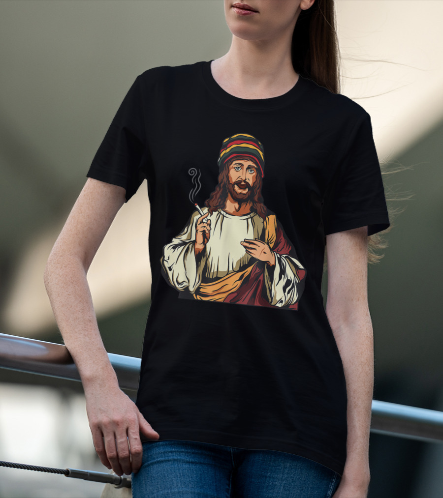 Pot Smoking Jesus Christ Cannabis Weed Rasta Hat Smoking Joint T-Shirt