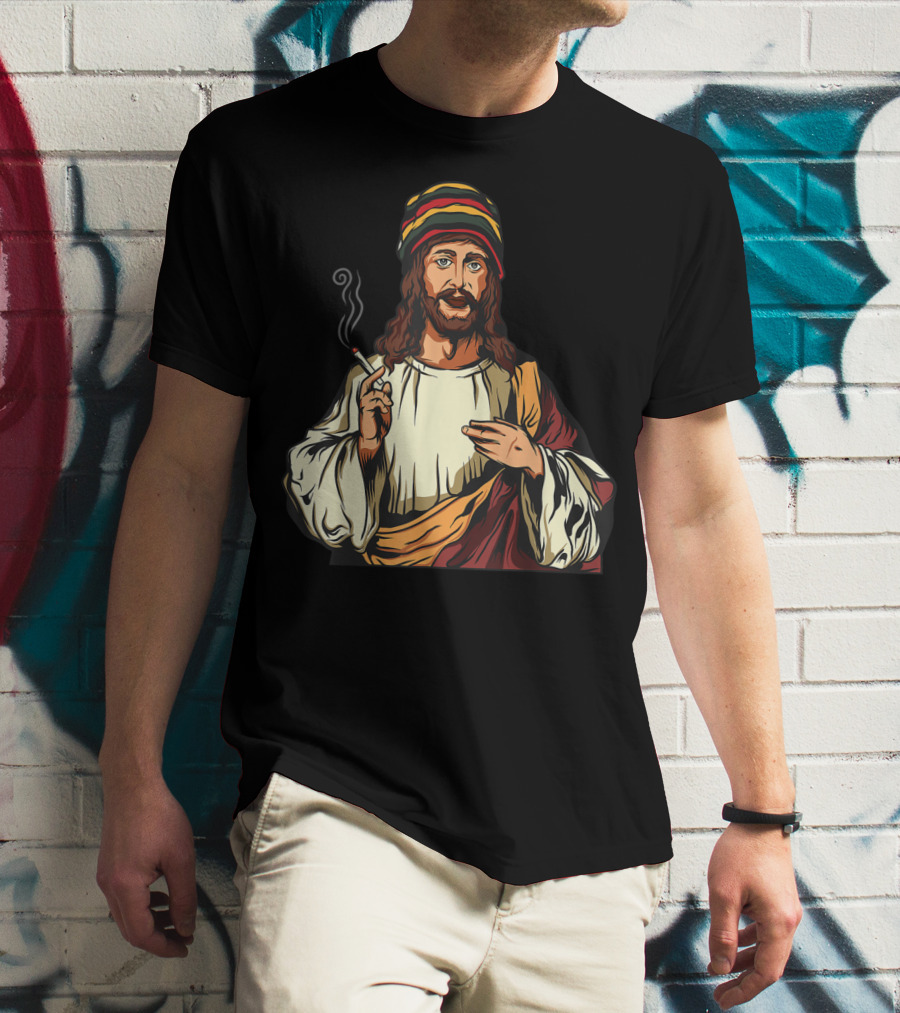 Pot Smoking Jesus Christ Cannabis Weed Rasta Hat Smoking Joint T-Shirt