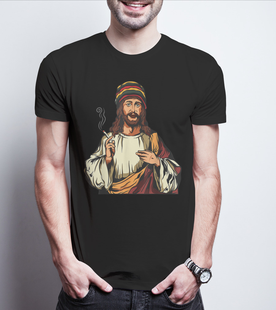 Pot Smoking Jesus Christ Cannabis Weed Rasta Hat Smoking Joint T-Shirt