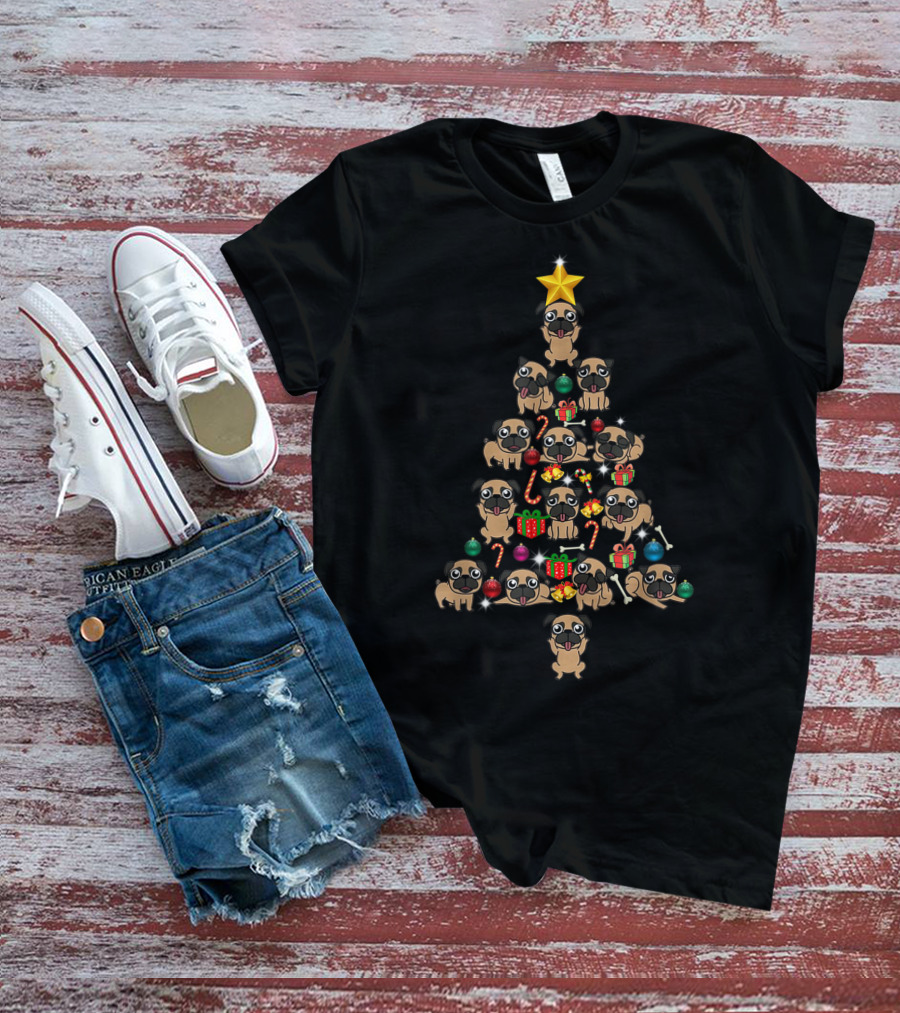 Funny Pug Christmas Tree With Presents And Candy Canes T-Shirt