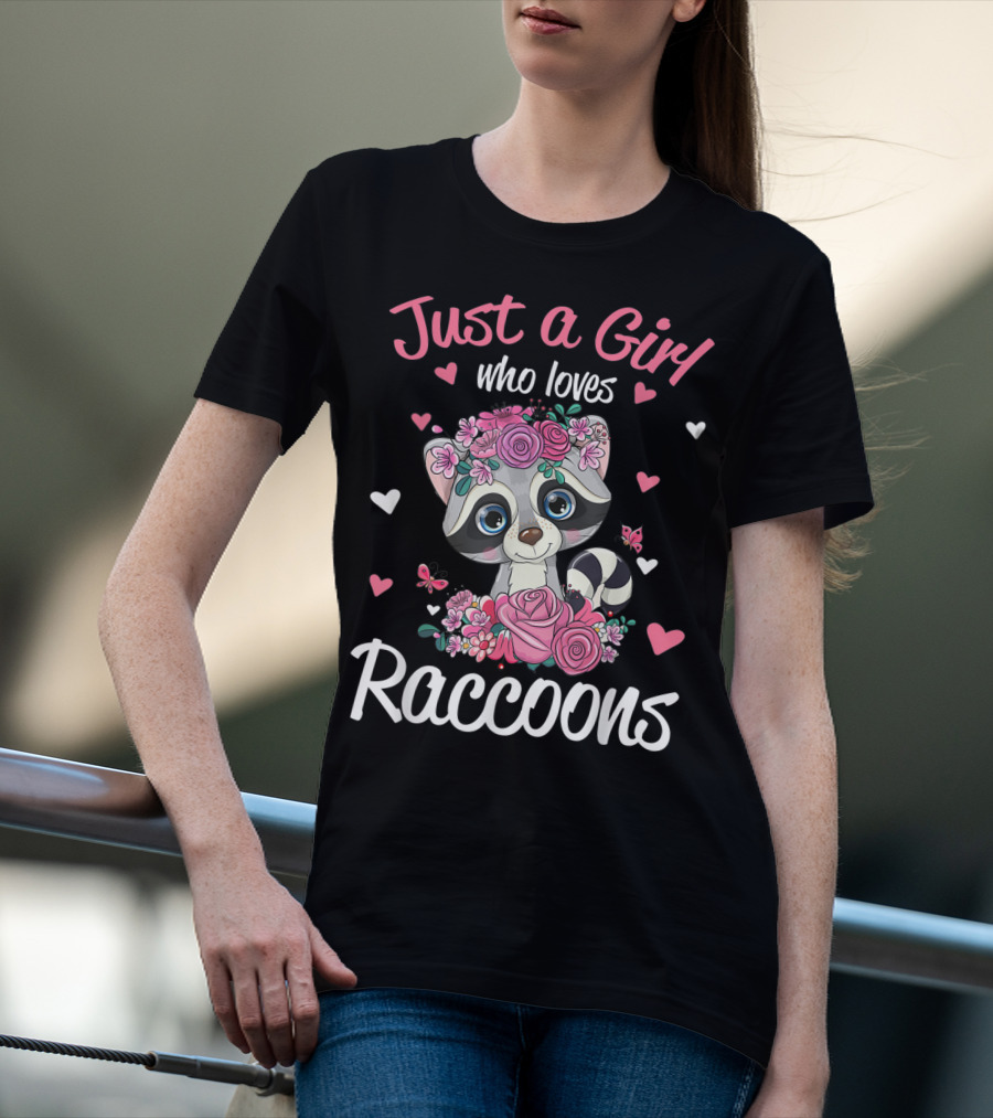 Just A Girl Who Loves Raccoons Floral Hearts T-Shirt