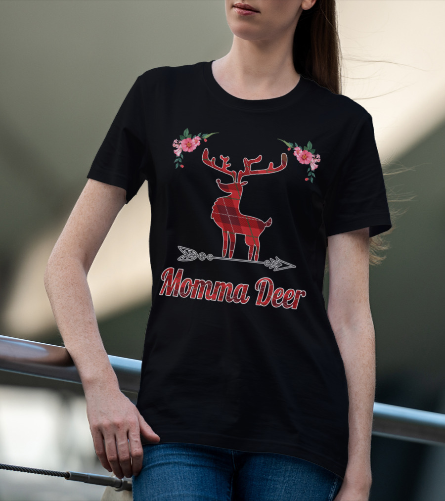 Red Plaid Momma Deer Buffalo Reindeer Floral T-Shirt