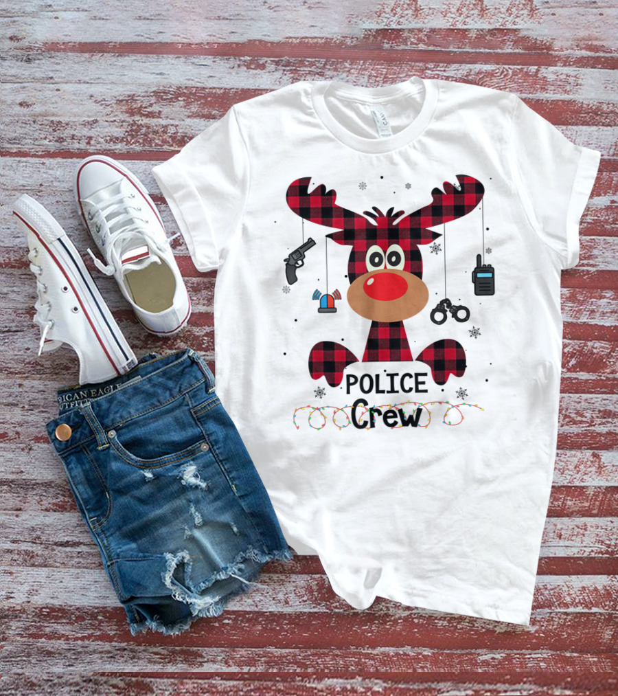 Red Plaid Reindeer Face Police Crew With Holiday Lights And Law Enforcement Icons T-Shirt