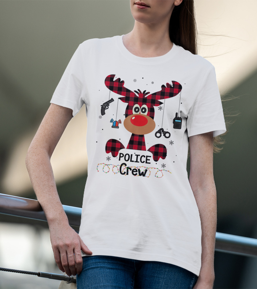 Red Plaid Reindeer Face Police Crew With Holiday Lights And Law Enforcement Icons T-Shirt