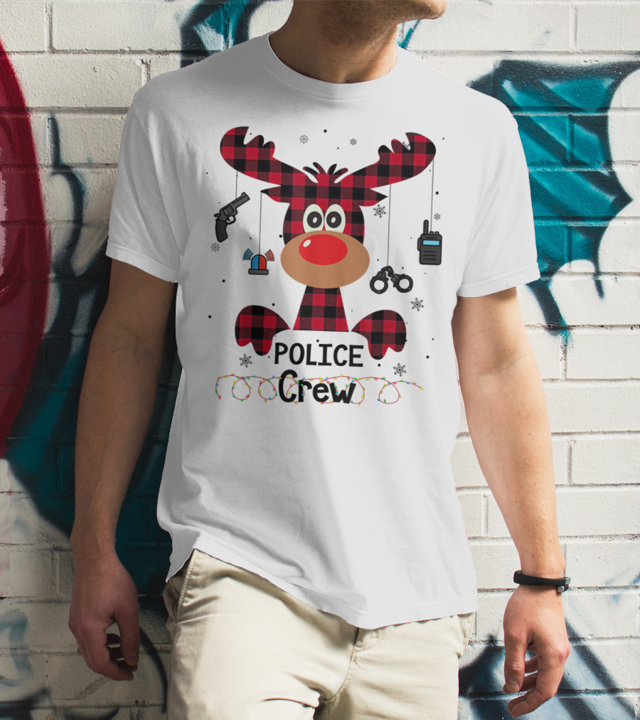 Red Plaid Reindeer Face Police Crew With Holiday Lights And Law Enforcement Icons T-Shirt