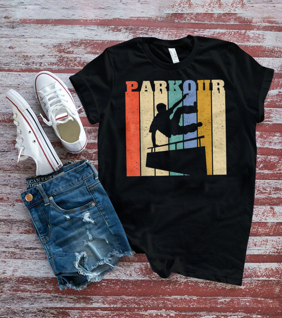Retro Parkour Silhouette Against Striped Vintage Backdrop T-Shirt