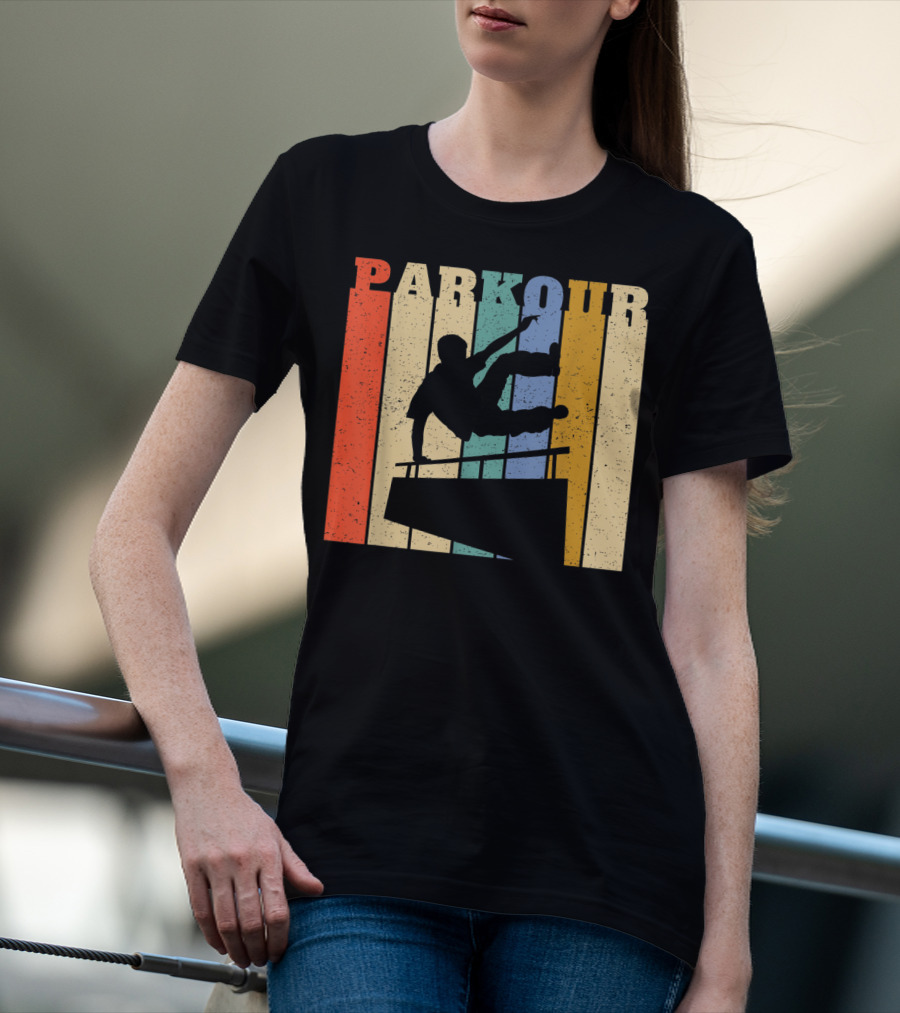Retro Parkour Silhouette Against Striped Vintage Backdrop T-Shirt