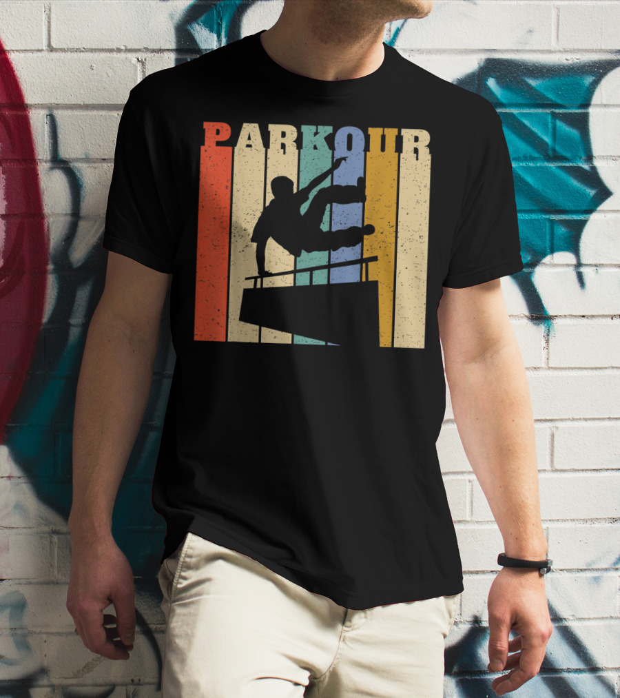 Retro Parkour Silhouette Against Striped Vintage Backdrop T-Shirt