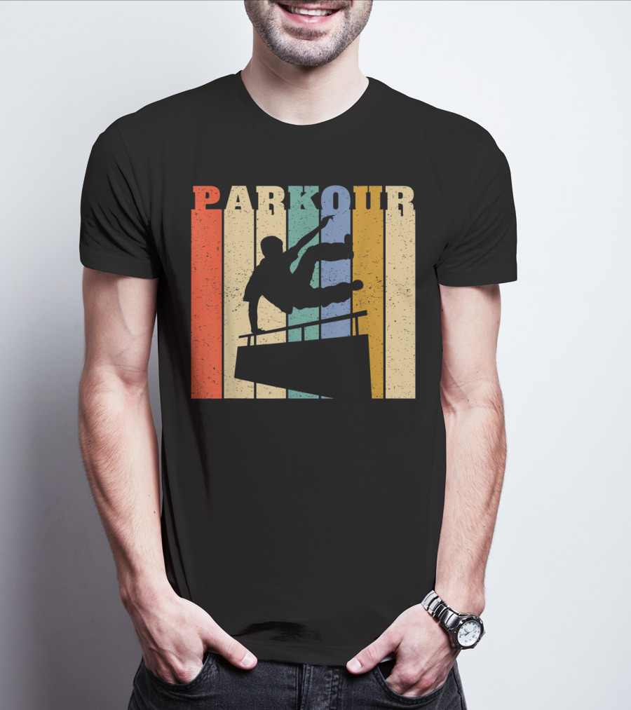 Retro Parkour Silhouette Against Striped Vintage Backdrop T-Shirt