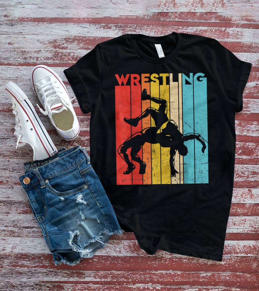 Wrestling Retro Vintage Silhouette Players On Colorful Stripes T-Shirt