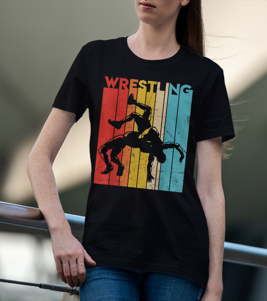 Wrestling Retro Vintage Silhouette Players On Colorful Stripes T-Shirt