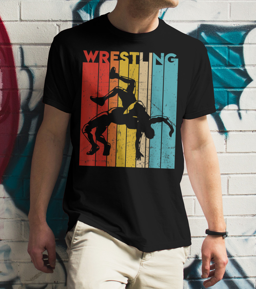 Wrestling Retro Vintage Silhouette Players On Colorful Stripes T-Shirt