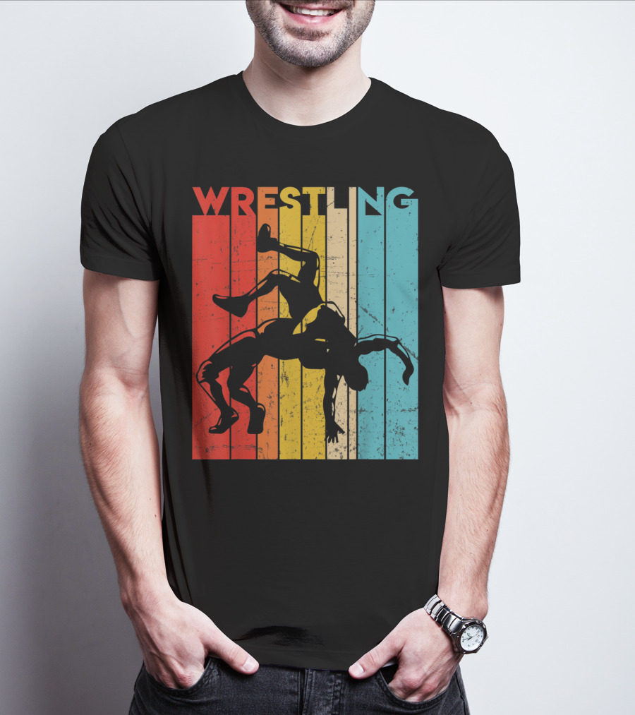 Wrestling Retro Vintage Silhouette Players On Colorful Stripes T-Shirt