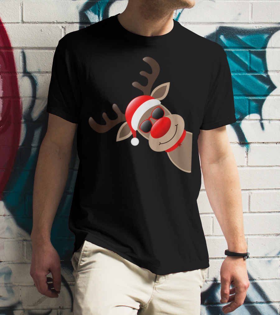 Rudolph Red Nose Reindeer Santa Hat Sunglasses T-Shirt