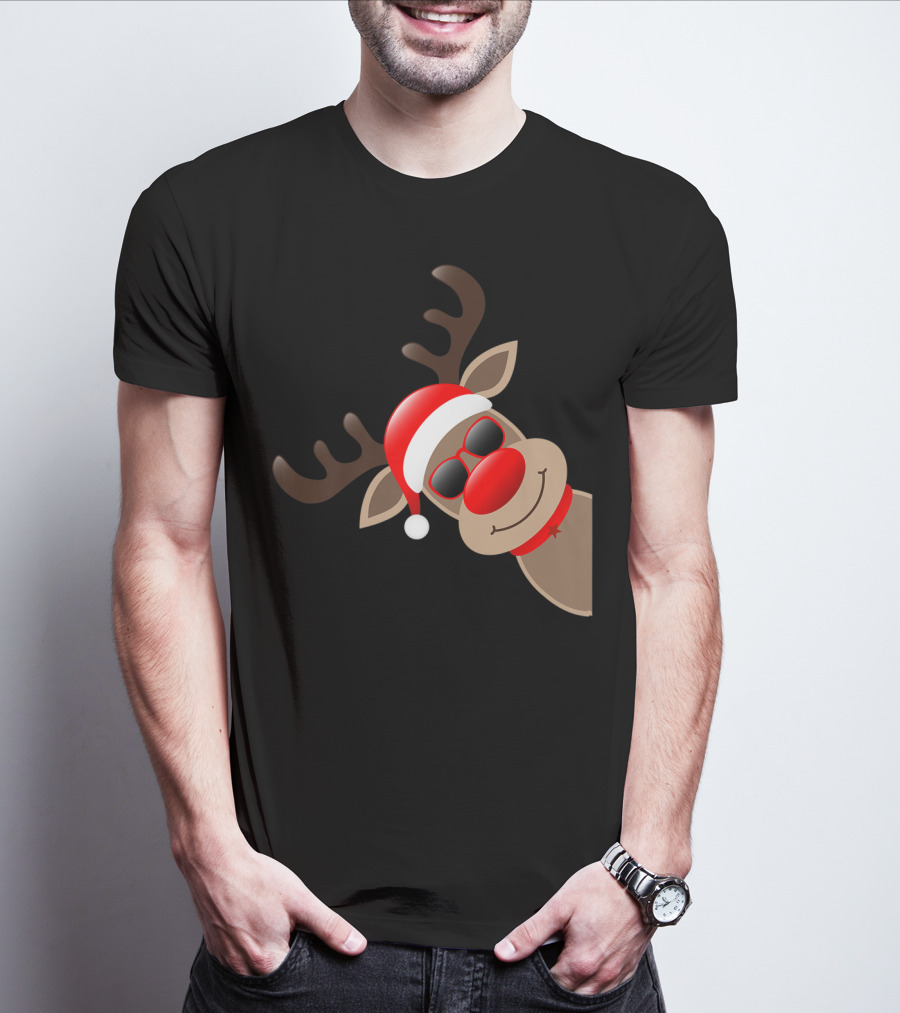 Rudolph Red Nose Reindeer Santa Hat Sunglasses T-Shirt