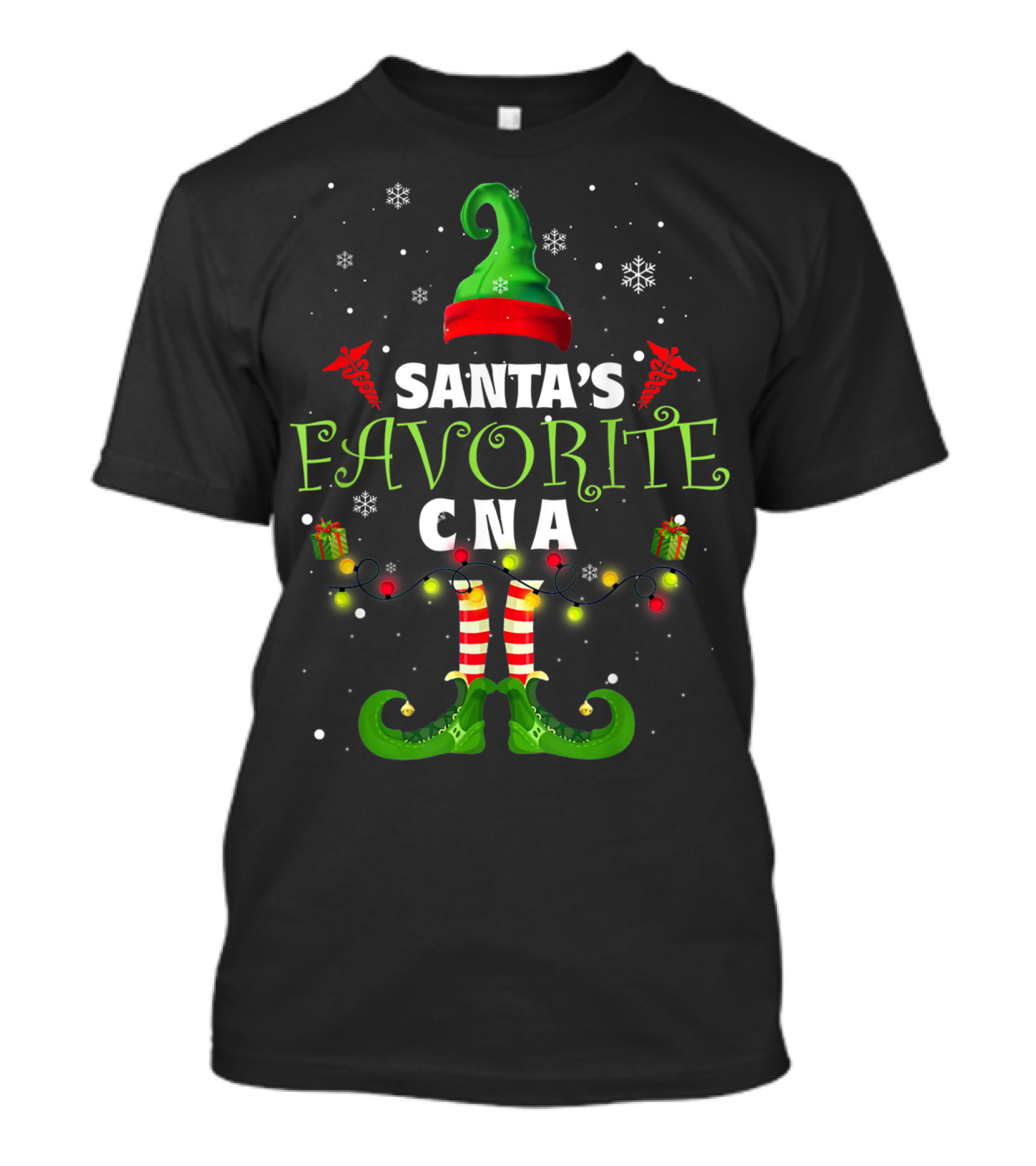 Santa's Favorite CNA Christmas Elf Hat Lights Snowflakes T-Shirt
