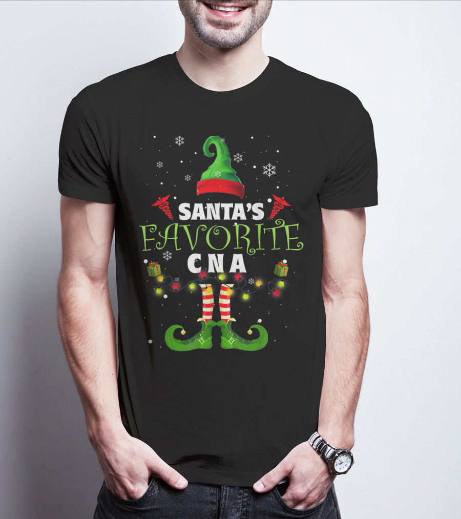 Santa's Favorite CNA Christmas Elf Hat Lights Snowflakes T-Shirt
