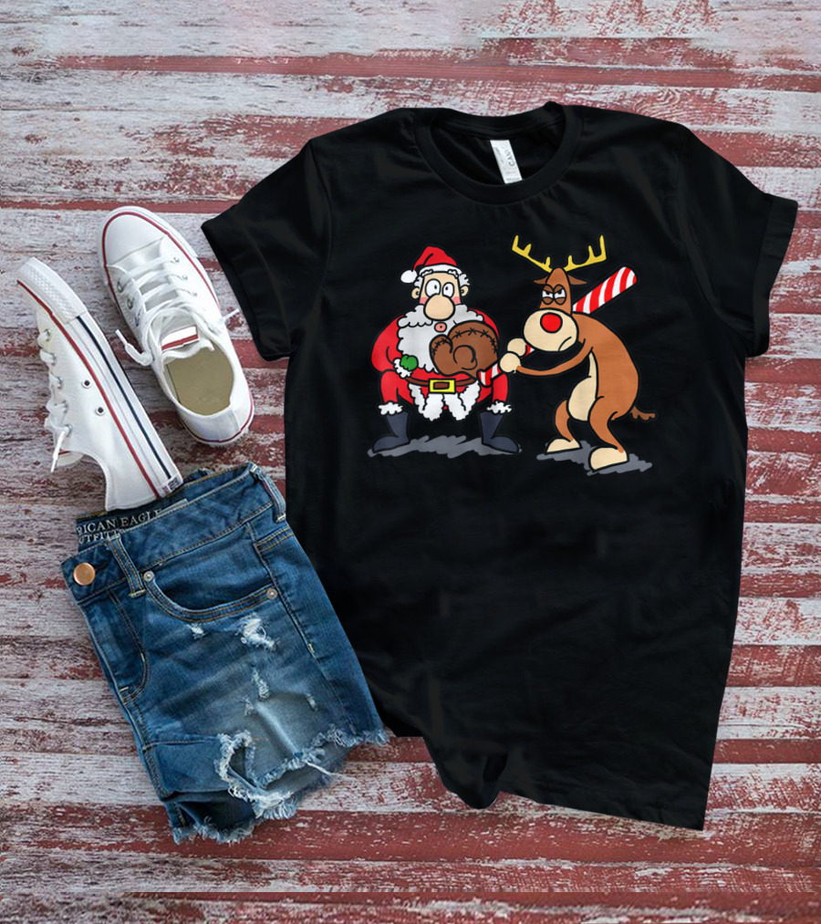 Santa Reindeer Candy Cane Baseball Softball Player Christmas T-Shirt