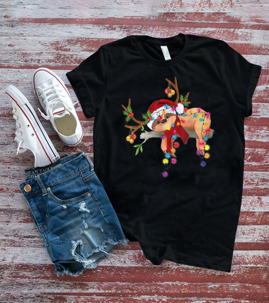 Santa Sloth Reindeer With Christmas Lights And Hat T-Shirt