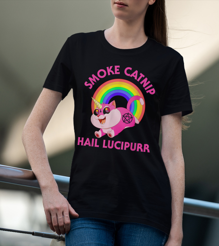 Smoke Catnip Hail Lucipurr Rainbow Unicorn Satanic Cat T-Shirt