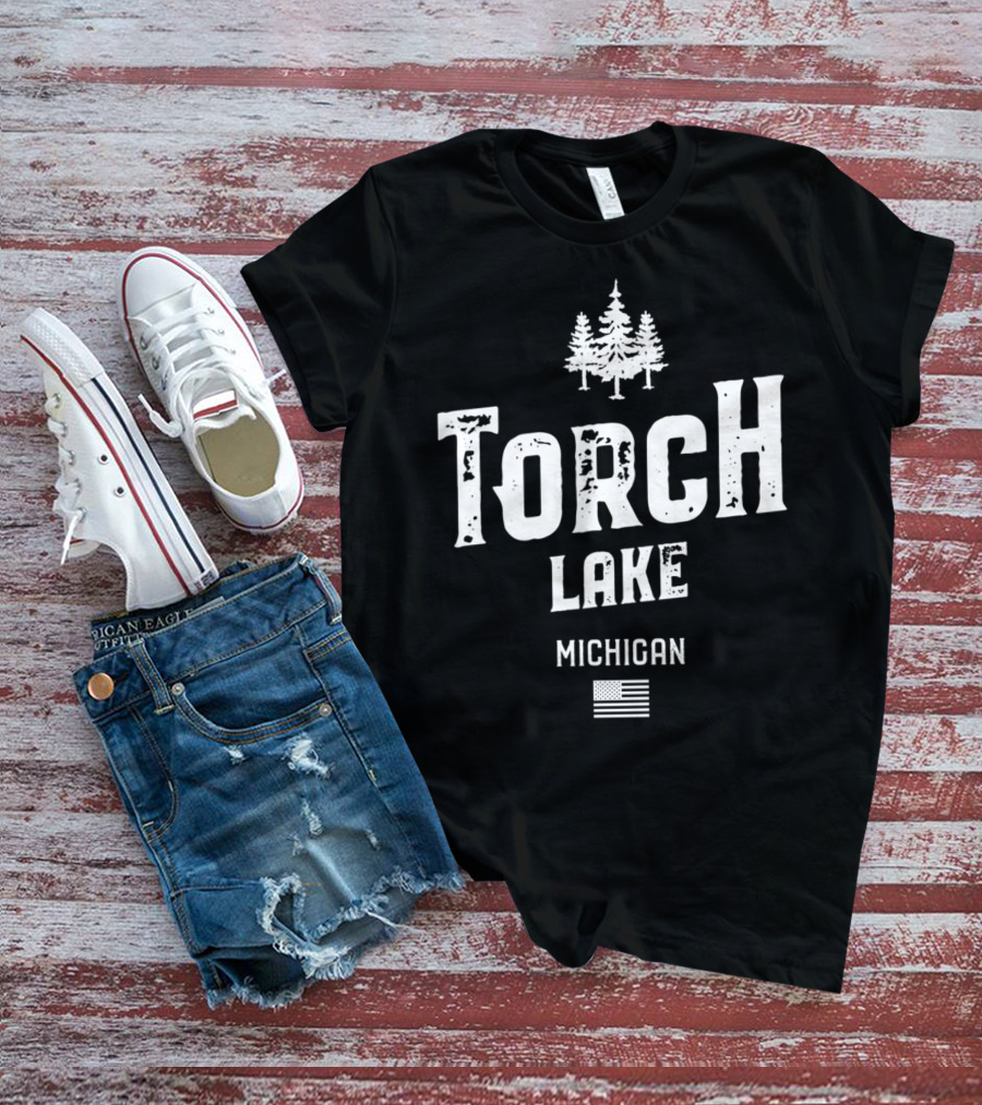 Torch Lake Michigan Trees And American Flag T-Shirt