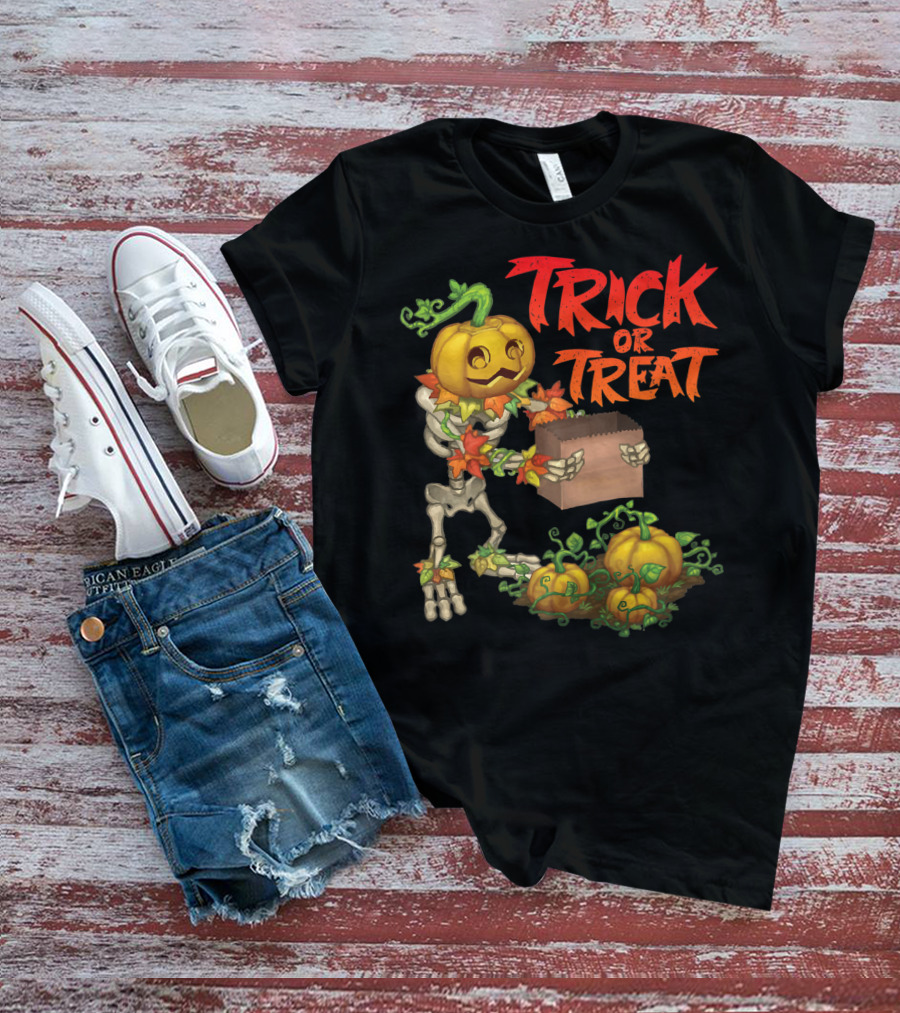 Trick Or Treat Punkleton Skeleton With Pumpkins And Candy Box T-Shirt