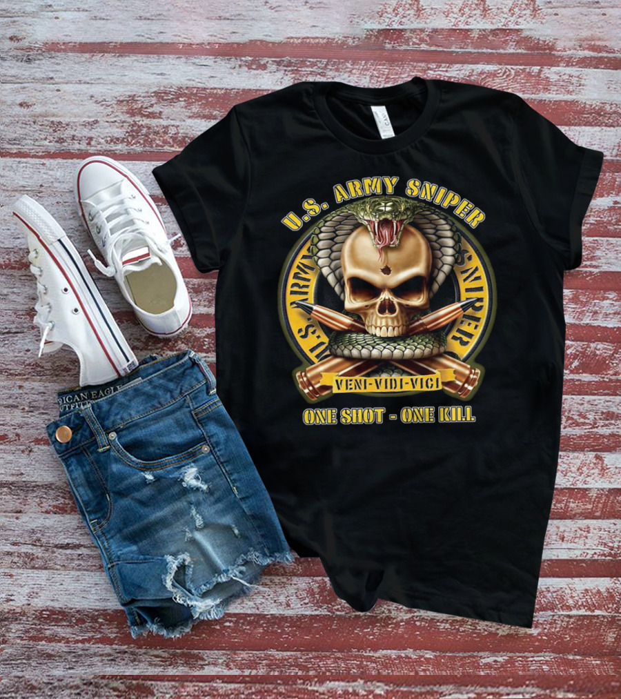 U.S. Army Sniper Veni Vidi Vici One Shot One Kill Skull Snake Badge T-Shirt