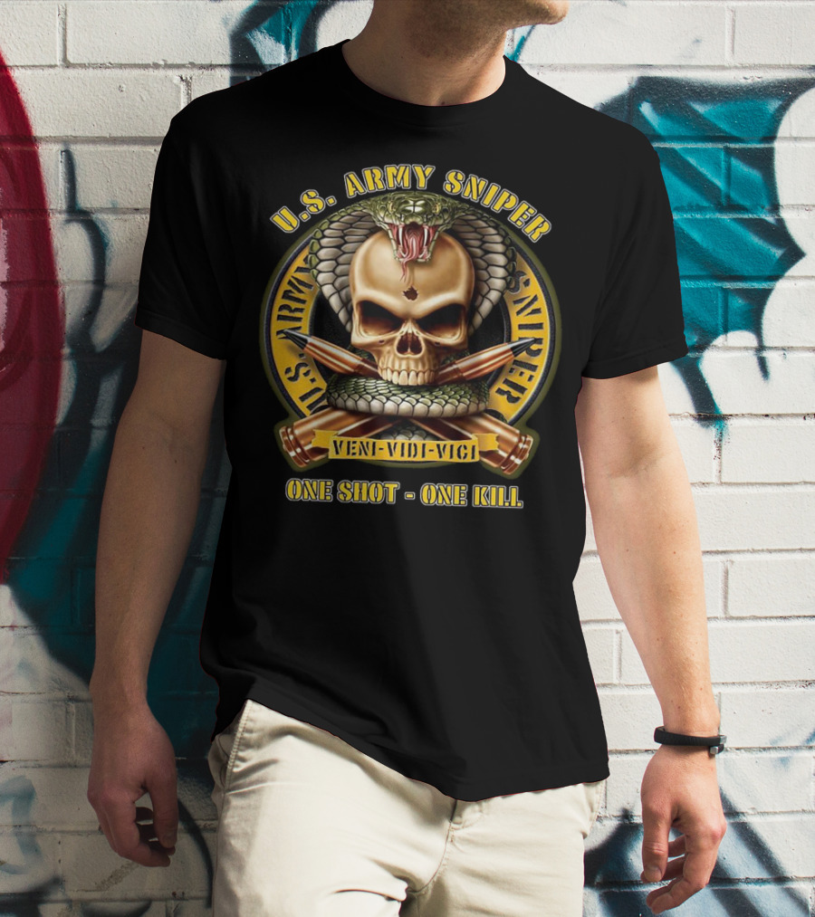 U.S. Army Sniper Veni Vidi Vici One Shot One Kill Skull Snake Badge T-Shirt