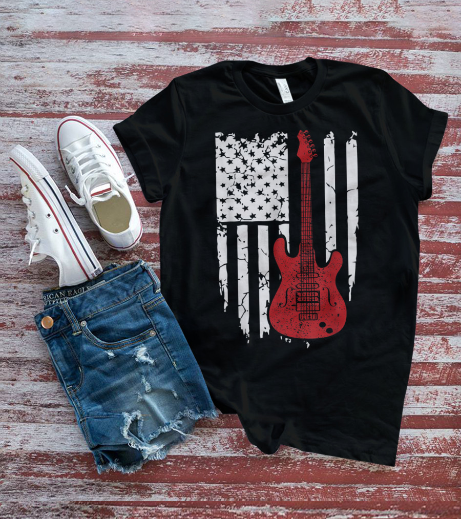 Usa American Flag Guitar Musician Guitars Red Electric Vintage Grunge T-Shirt