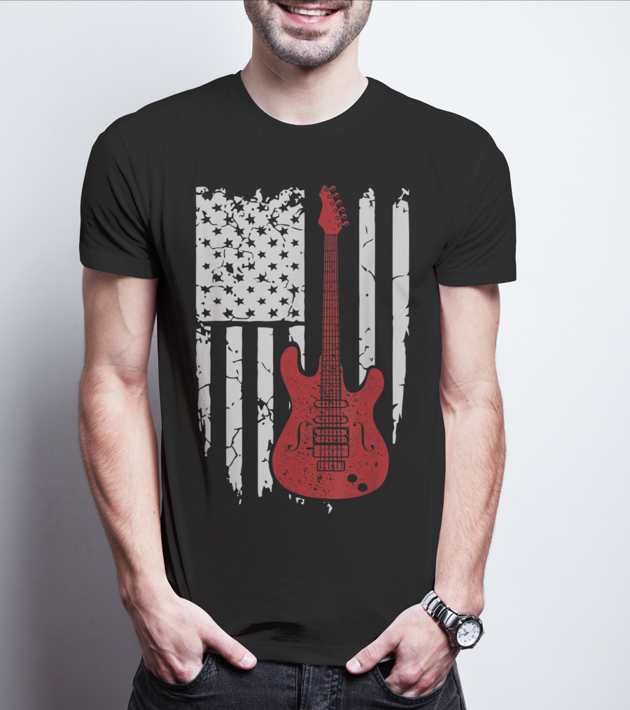 Usa American Flag Guitar Musician Guitars Red Electric Vintage Grunge T-Shirt