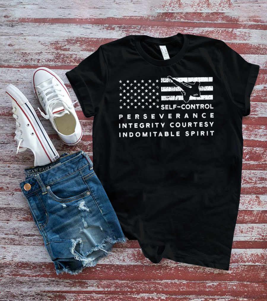 Vintage American Flag Taekwondo Self-Control Perseverance Integrity Courtesy Indomitable Spirit T-Shirt