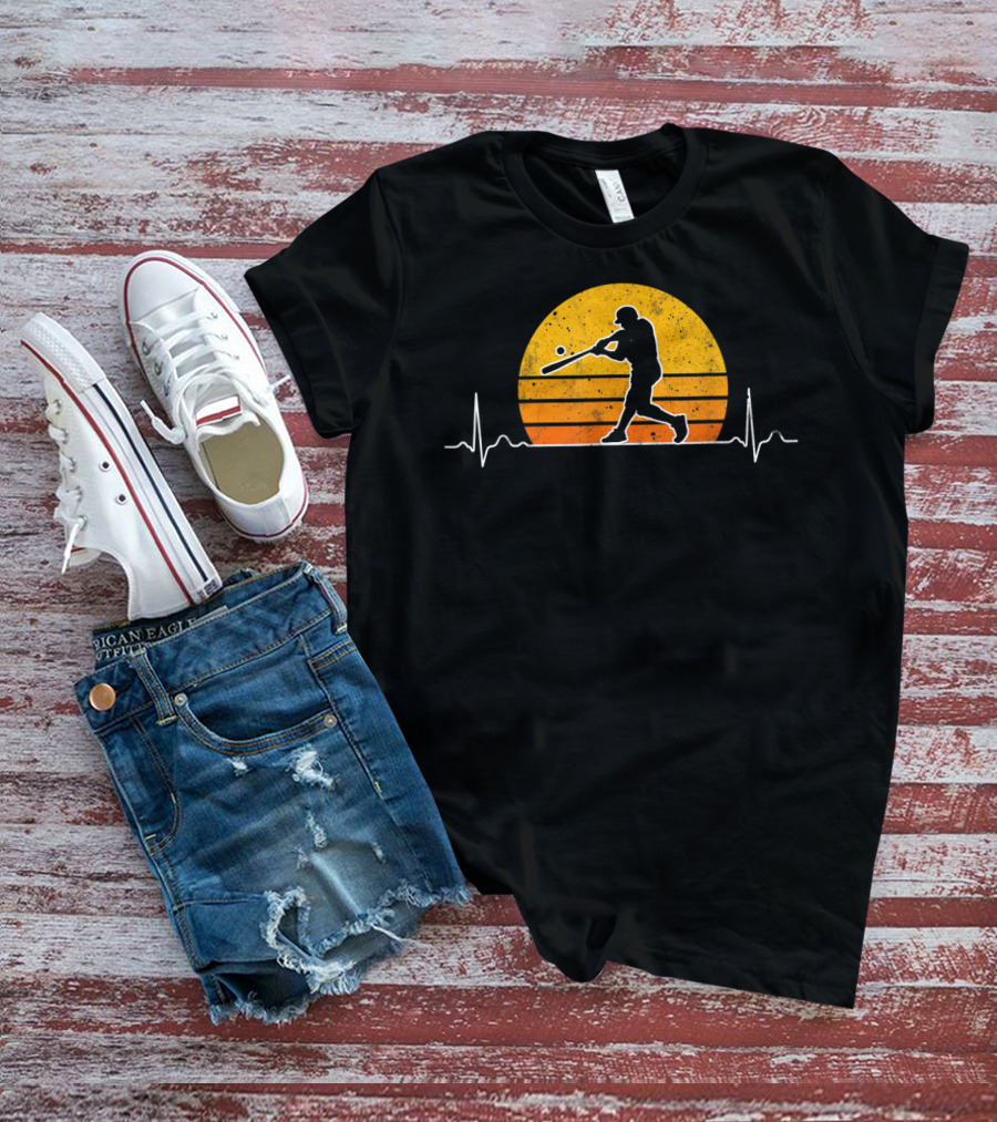 Vintage Baseball Player Heartbeat Sunset Scene T-Shirt